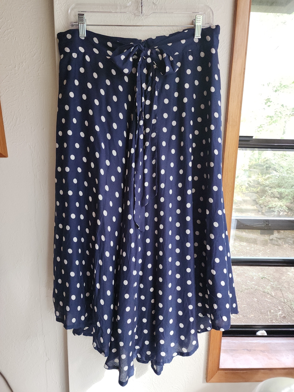 Navy Polka Dot A-Line Midi Skirt with Self-Tie Waist